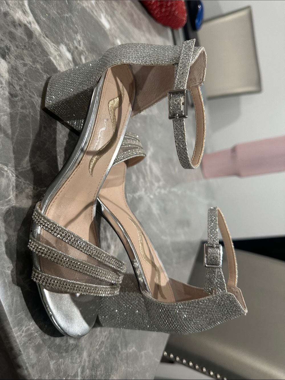 Nina Shoes Silver Glitter Block Heel Sandals with Rhinestone Straps